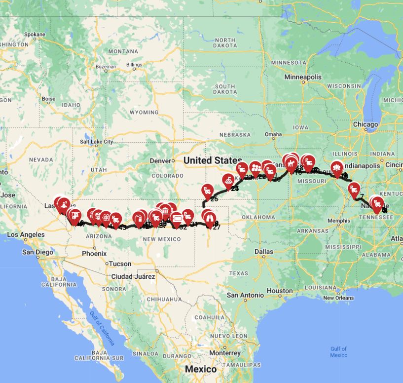 Map for Nashville to Las Vegas  including the  Santa Fe Trail  the Historic trade trail
